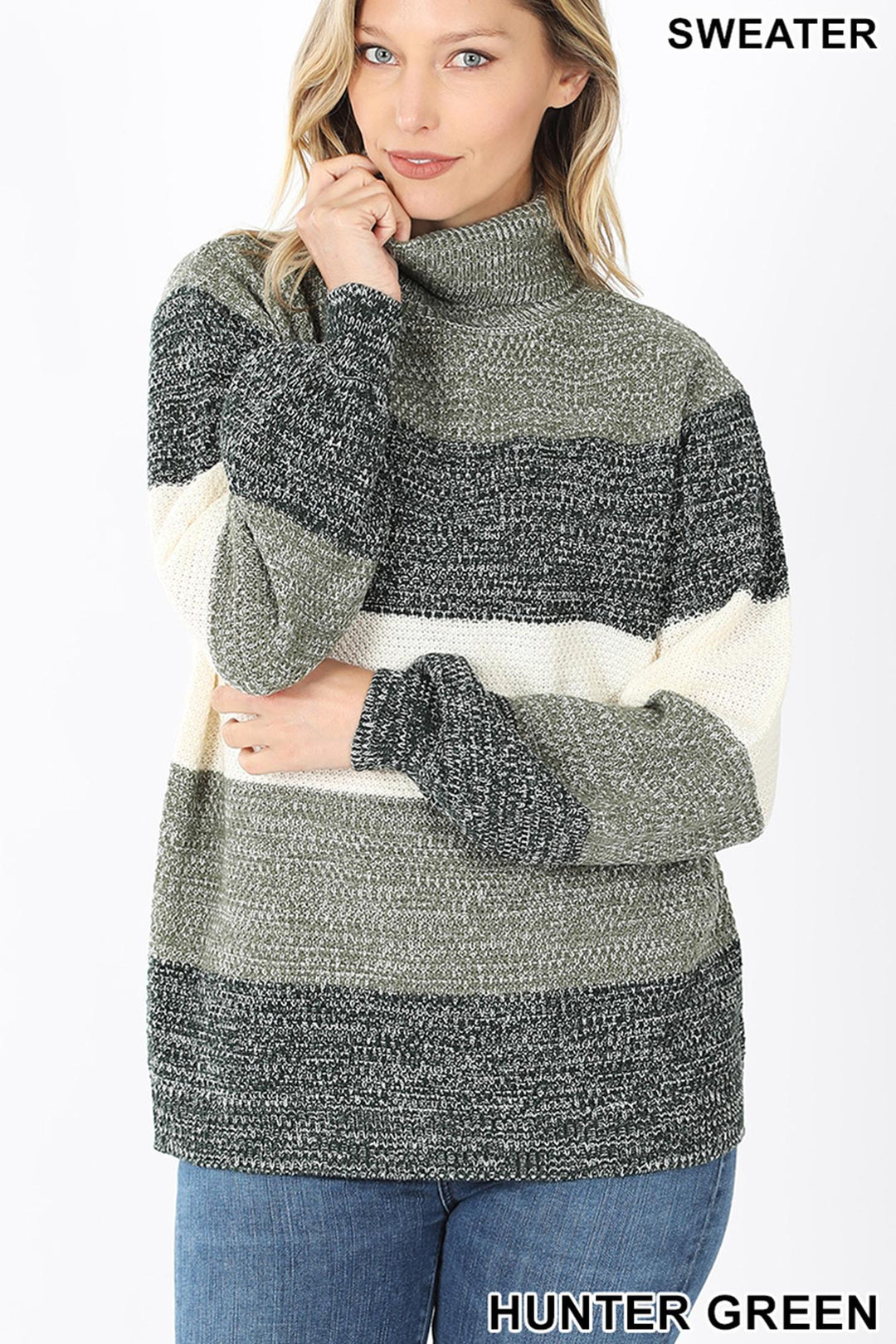 Color Block Striped Turtle Neck Balloon Sleeve Sweater