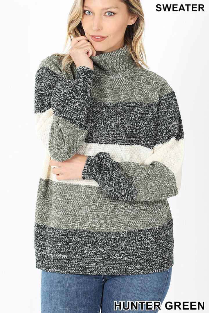 Color Block Striped Turtle Neck Balloon Sleeve Sweater