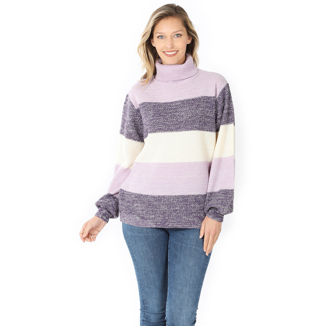 Color Block Striped Turtle Neck Balloon Sleeve Sweater