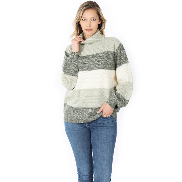 Color Block Striped Turtle Neck Balloon Sleeve Sweater
