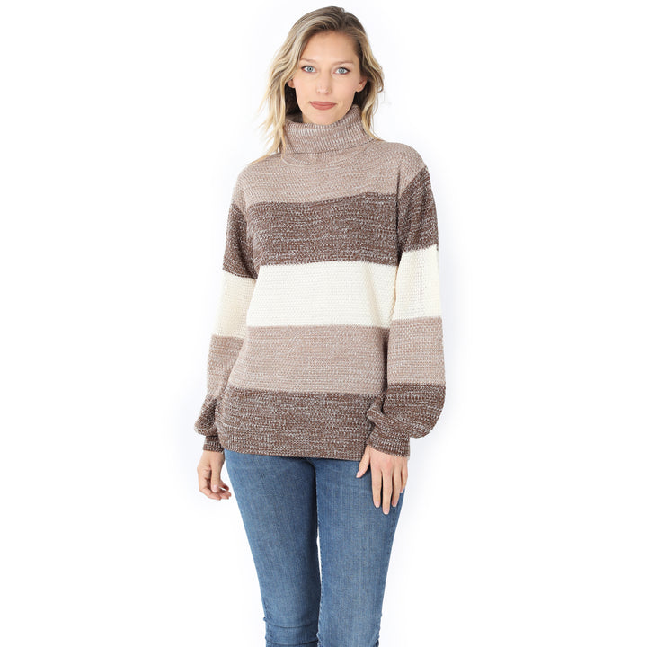 Color Block Striped Turtle Neck Balloon Sleeve Sweater