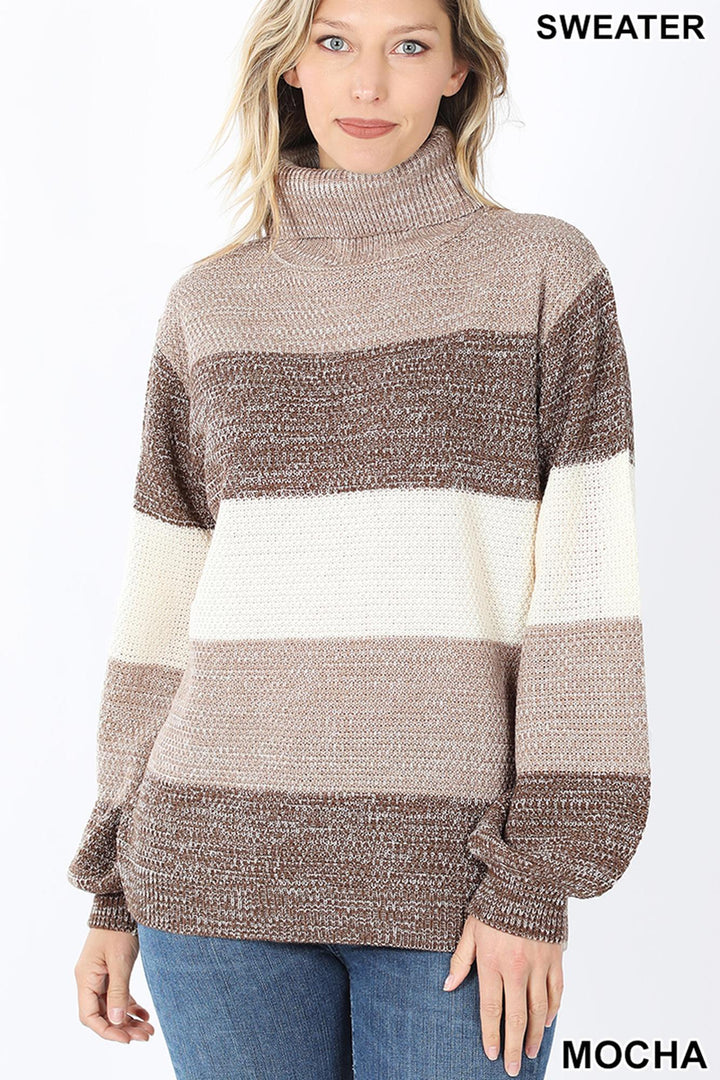 Color Block Striped Turtle Neck Balloon Sleeve Sweater