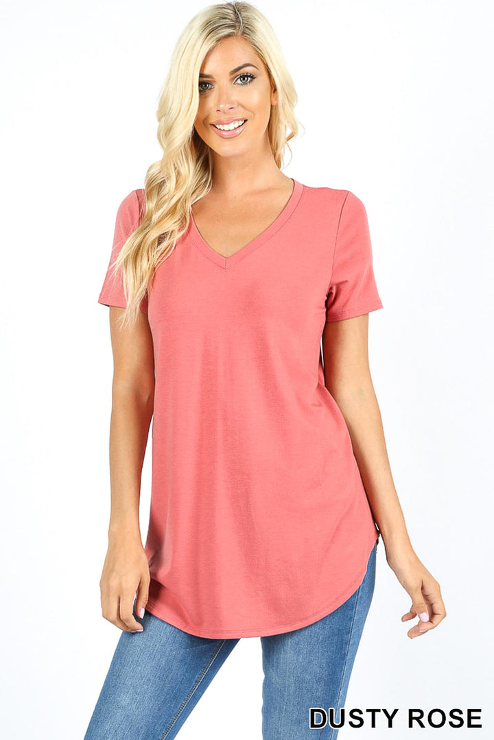 Premium Short Sleeve V-Neck Round Hem Top