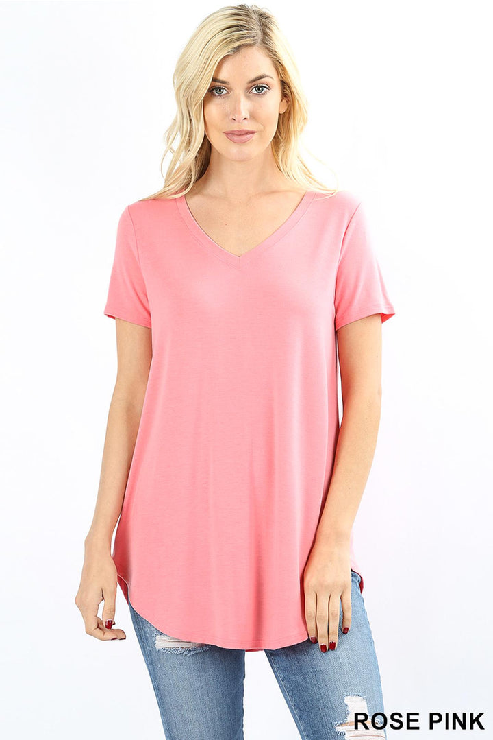 Premium Short Sleeve V-Neck Round Hem Top
