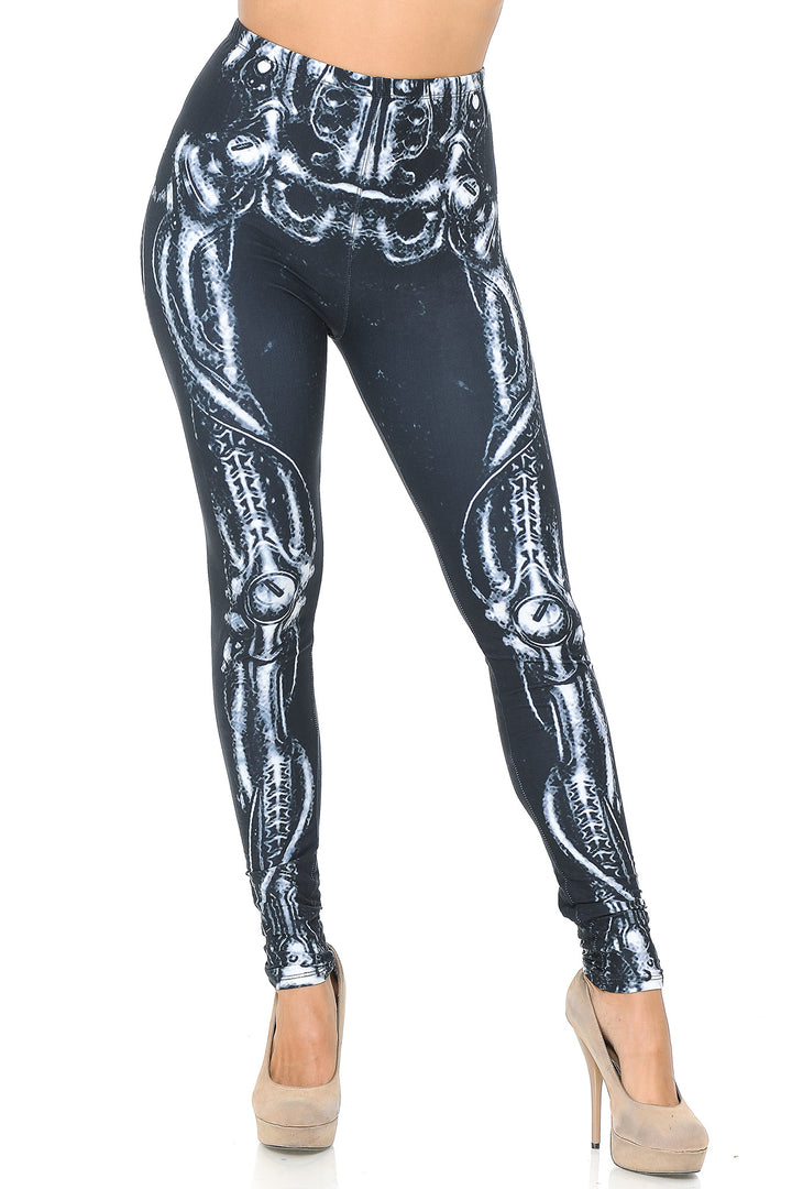 Creamy Soft Black Bio Mechanical Skeleton Leggings (Steam Punk) - USA Fashion (One Size Regular,Black)