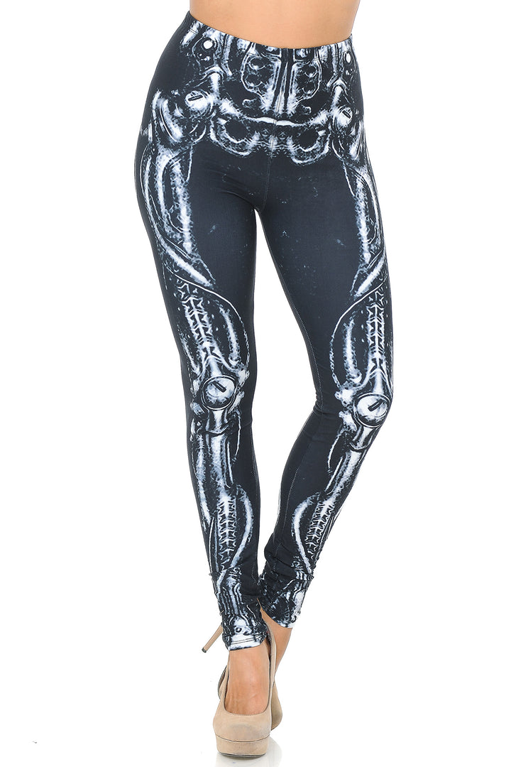 Creamy Soft Black Bio Mechanical Skeleton Leggings (Steam Punk) - USA Fashion (One Size Regular,Black)