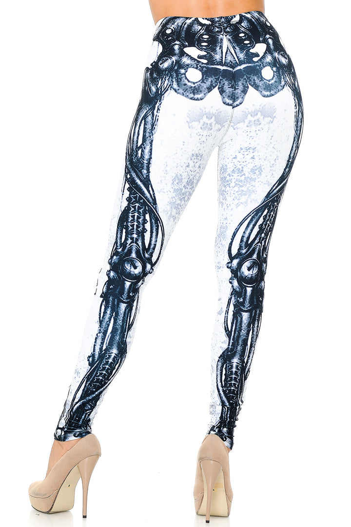 Creamy Soft White Bio Mechanical Skeleton Leggings (Steam Punk) - USA Fashion (One Size Regular,White)