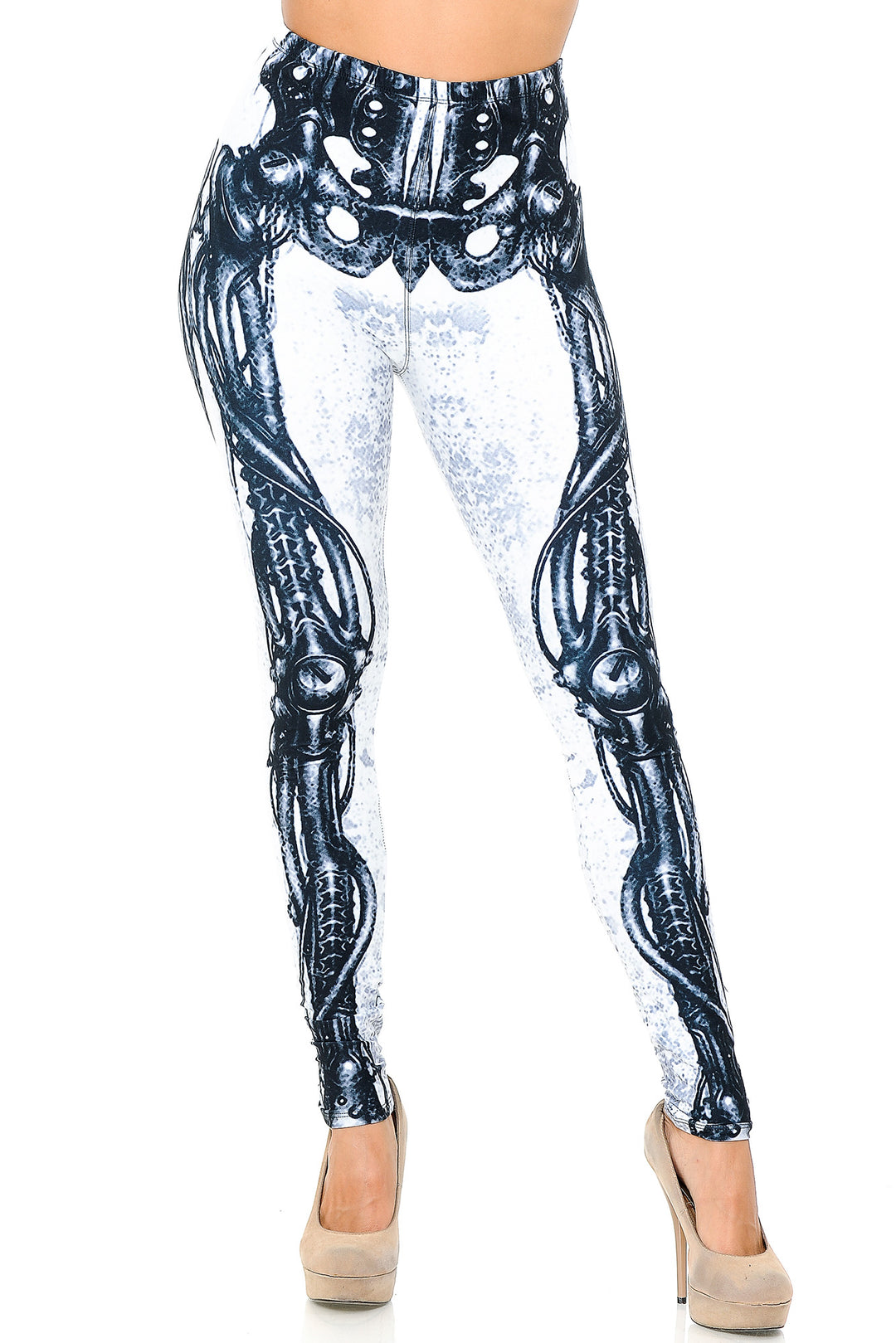 Creamy Soft White Bio Mechanical Skeleton Leggings (Steam Punk) - USA Fashion (One Size Regular,White)
