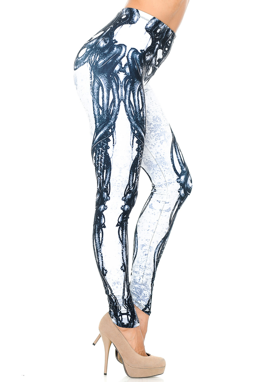 Creamy Soft White Bio Mechanical Skeleton Leggings (Steam Punk) - USA Fashion (One Size Regular,White)