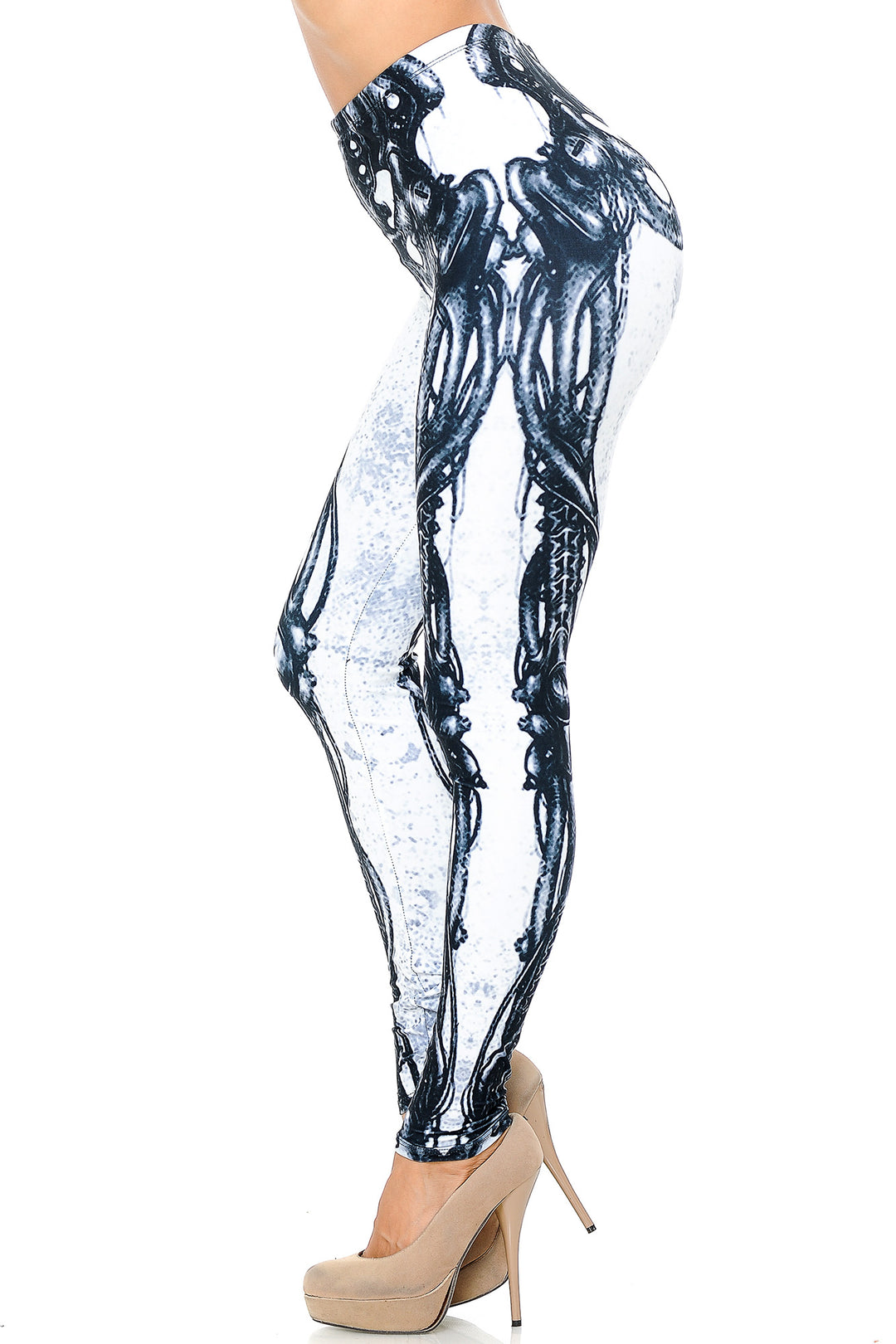 Creamy Soft White Bio Mechanical Skeleton Leggings (Steam Punk) - USA Fashion (One Size Regular,White)
