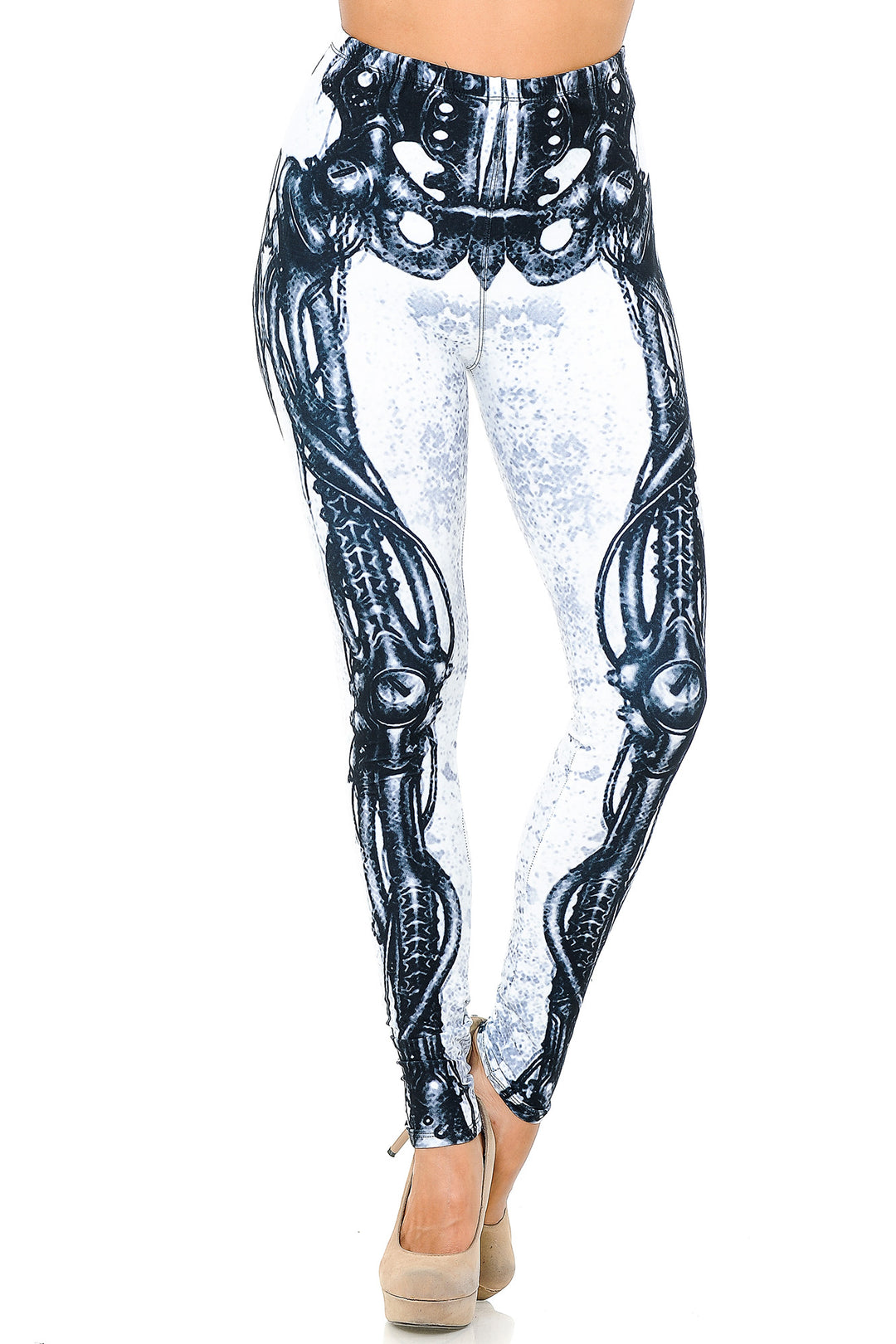 Creamy Soft White Bio Mechanical Skeleton Leggings (Steam Punk) - USA Fashion (One Size Regular,White)