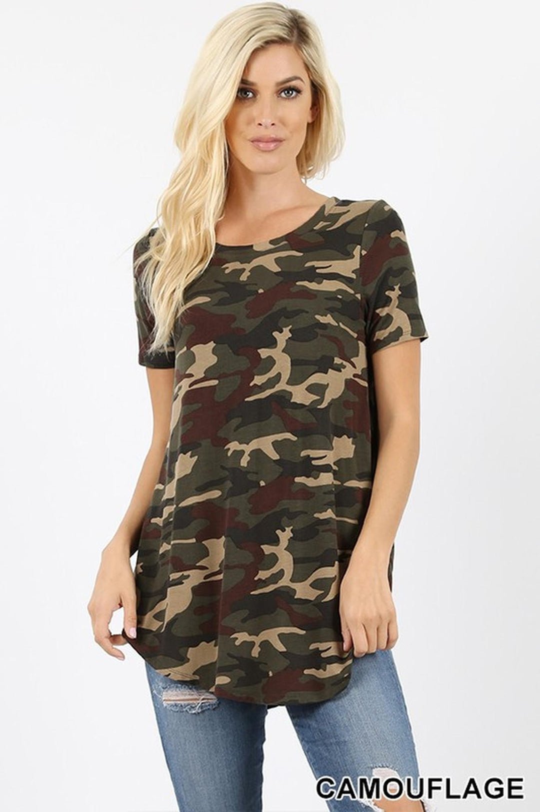 Short Sleeve Round Neck and Round Hem Camouflage Top