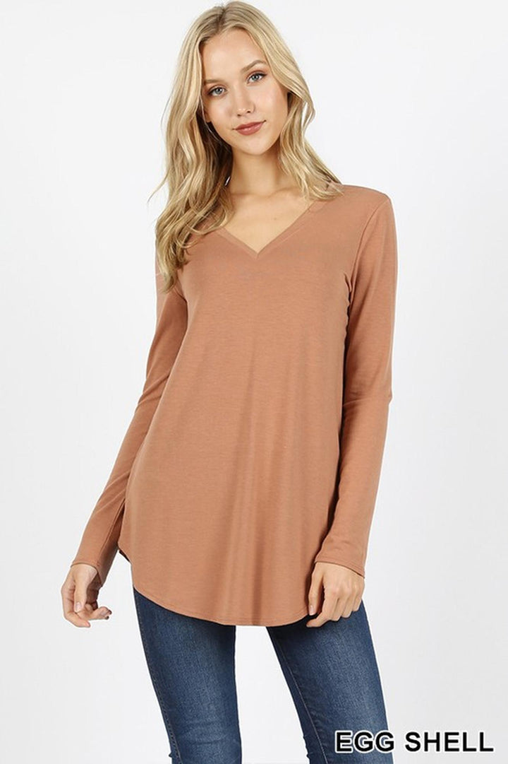 Premium V-Neck Round Hem Long Sleeve Top