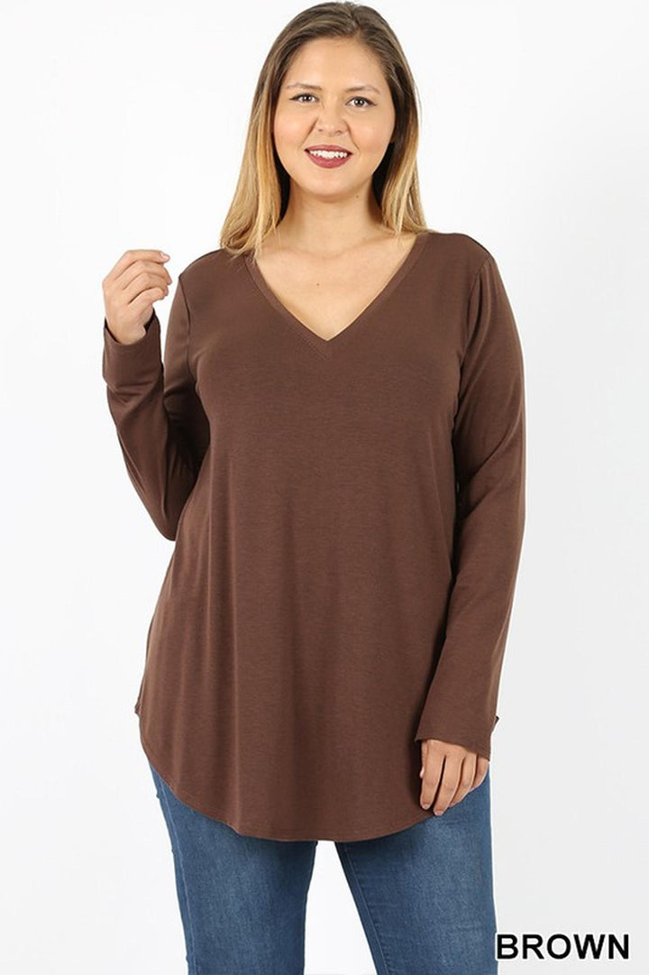 Premium V-Neck Round Hem Long Sleeve Plus Size Top