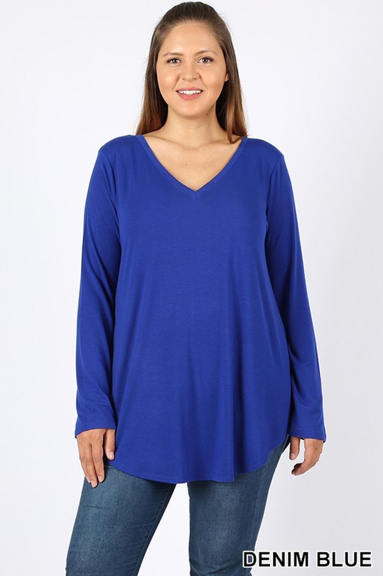 Premium V-Neck Round Hem Long Sleeve Plus Size Top