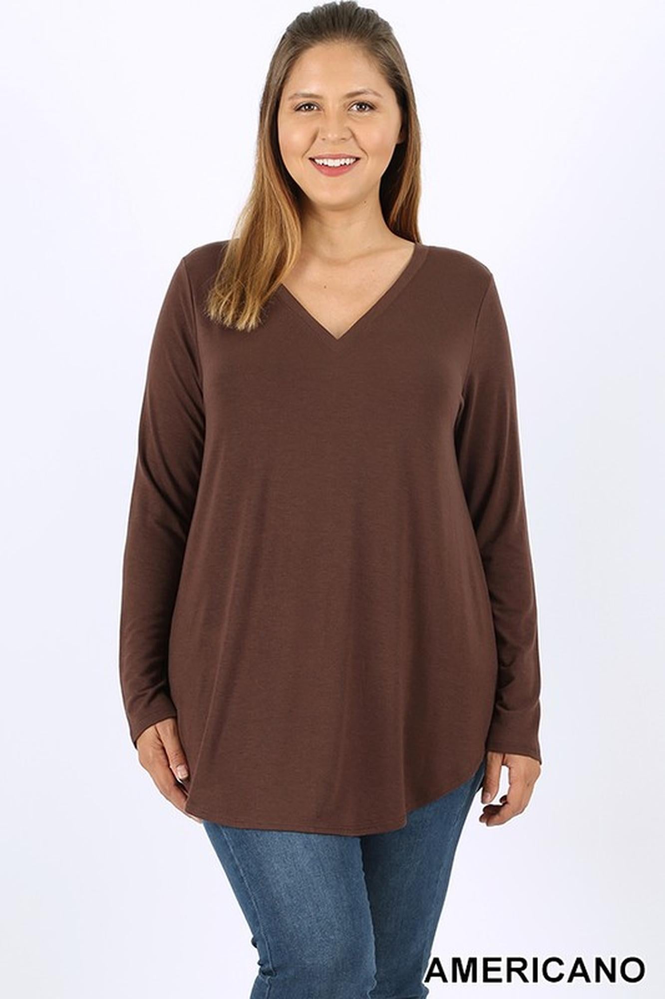 Premium V-Neck Round Hem Long Sleeve Plus Size Top