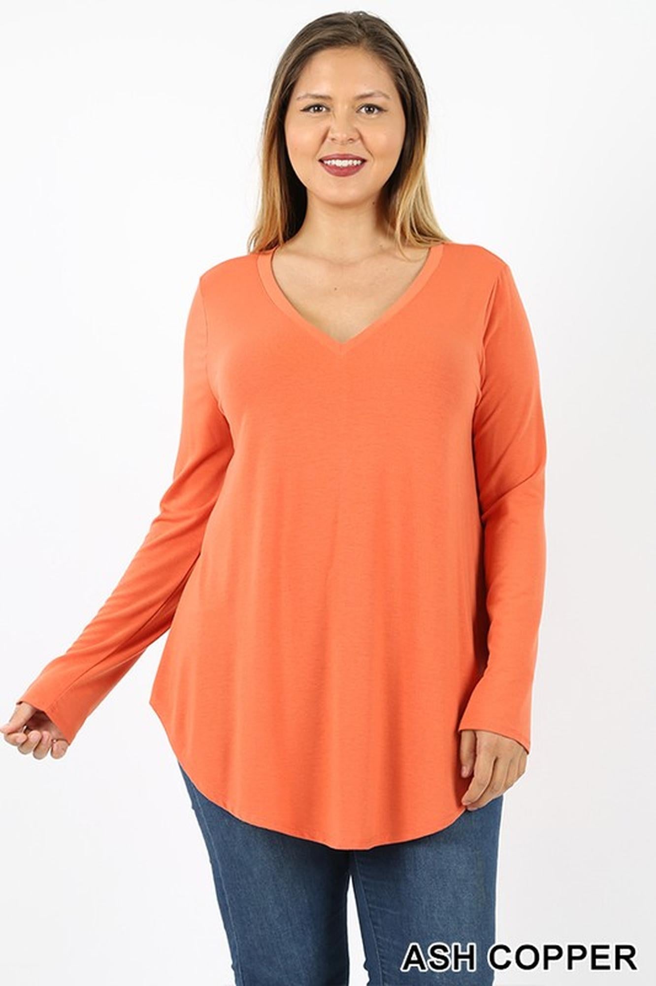 Premium V-Neck Round Hem Long Sleeve Plus Size Top