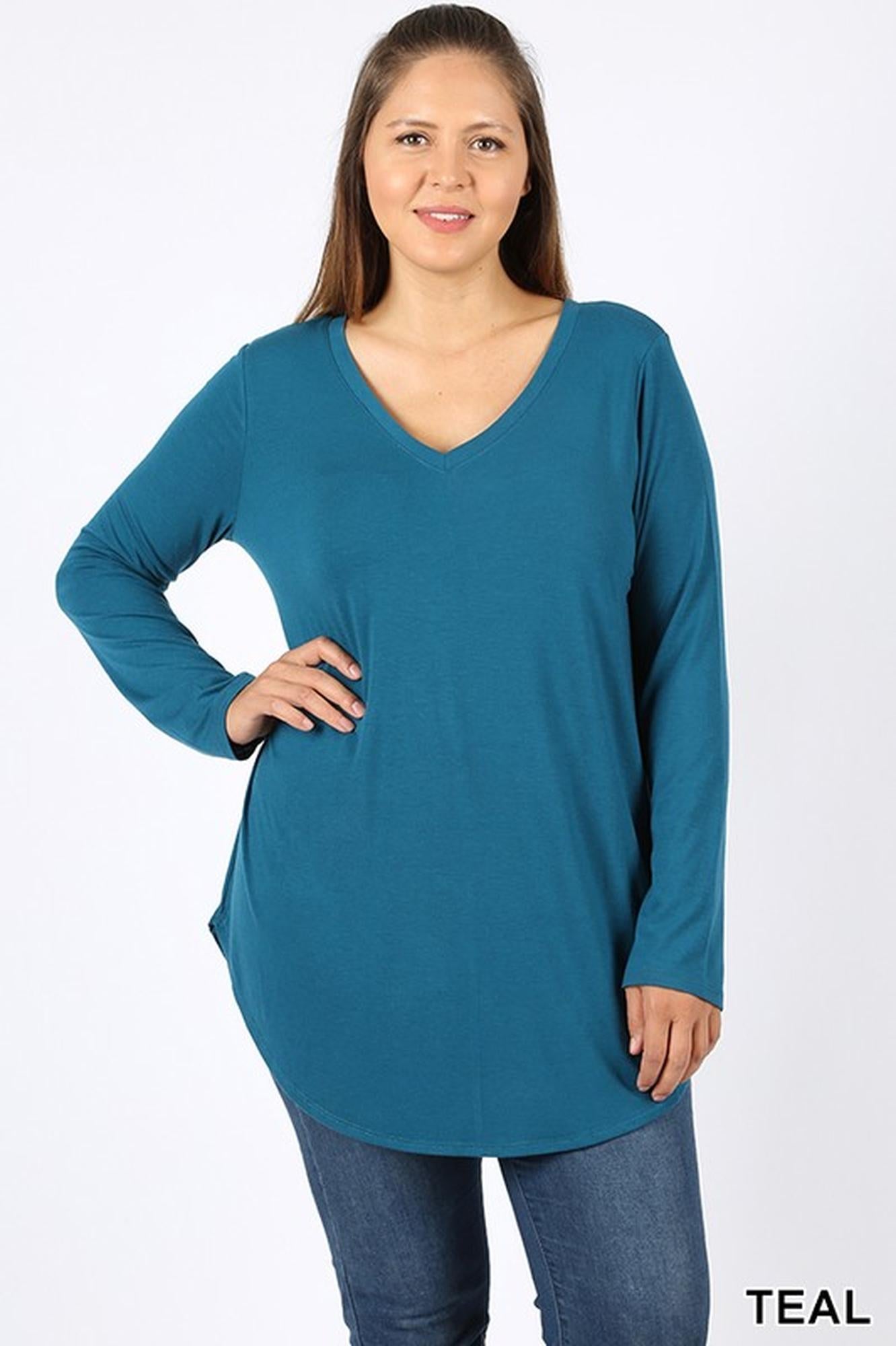Premium V-Neck Round Hem Long Sleeve Plus Size Top