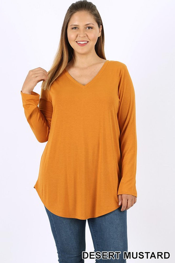 Premium V-Neck Round Hem Long Sleeve Plus Size Top