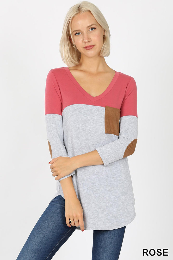 Color Block V-Neck 3/4 Sleeve Top with Front Pocket