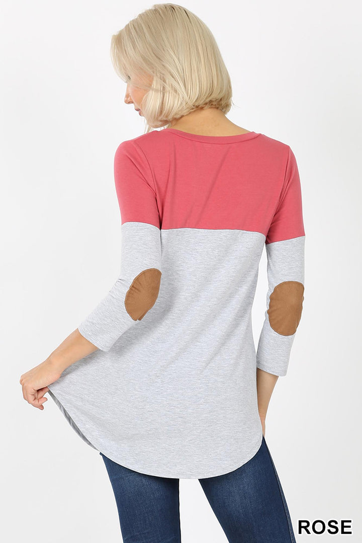 Color Block V-Neck 3/4 Sleeve Top with Front Pocket