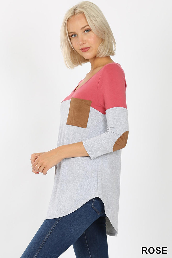 Color Block V-Neck 3/4 Sleeve Top with Front Pocket