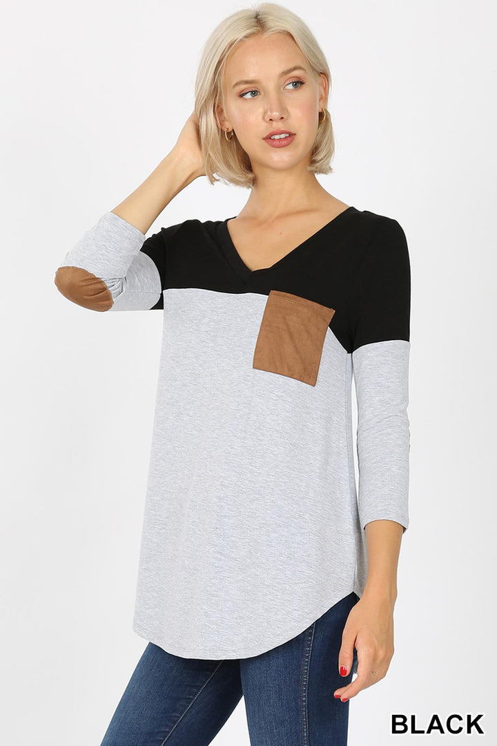 Color Block V-Neck 3/4 Sleeve Top with Front Pocket