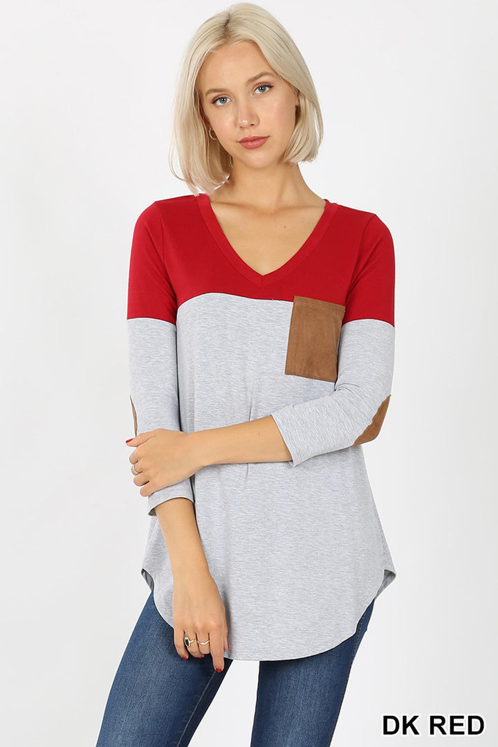 Color Block V-Neck 3/4 Sleeve Top with Front Pocket