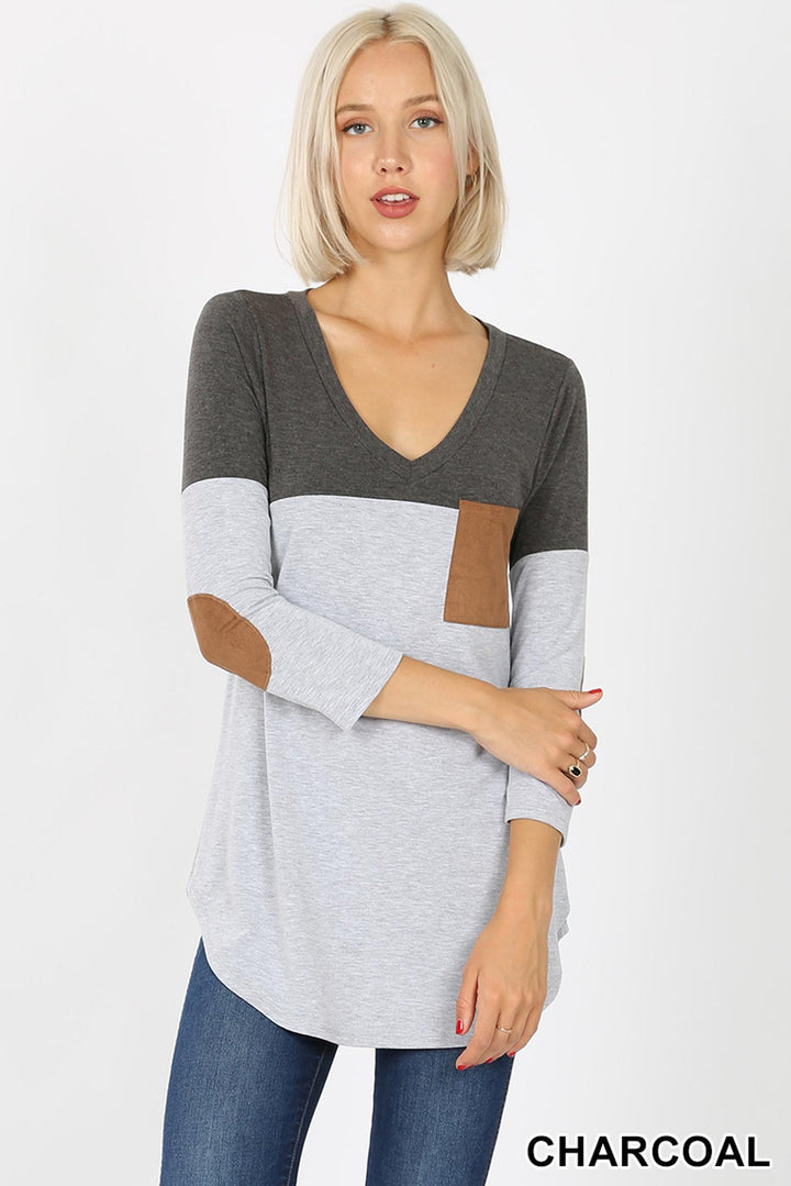 Color Block V-Neck 3/4 Sleeve Top with Front Pocket