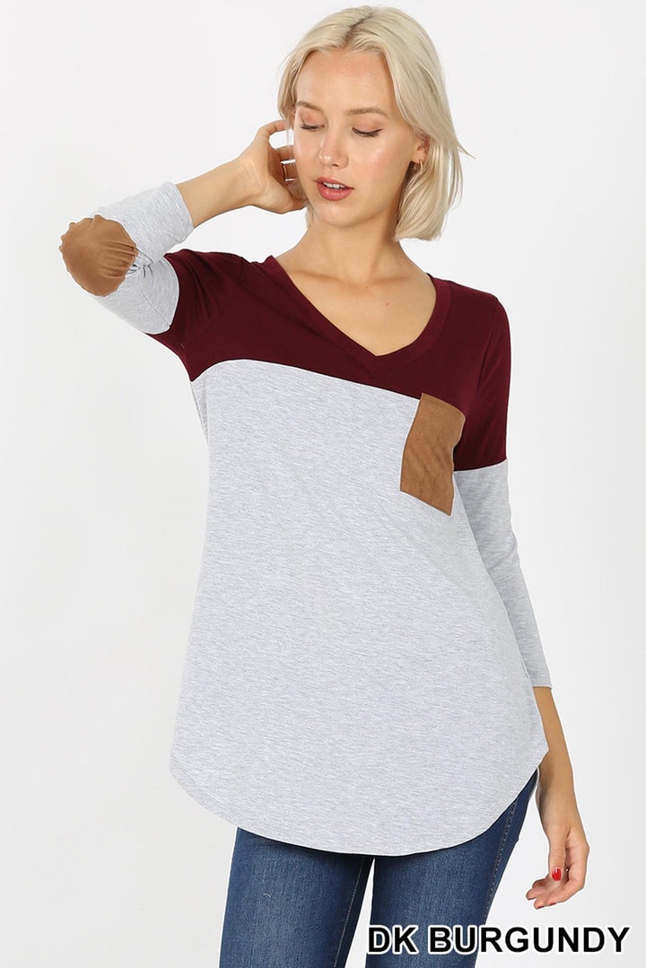 Color Block V-Neck 3/4 Sleeve Top with Front Pocket