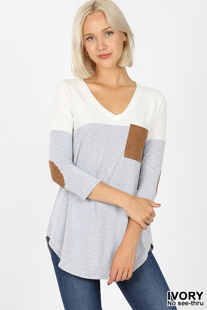 Color Block V-Neck 3/4 Sleeve Top with Front Pocket