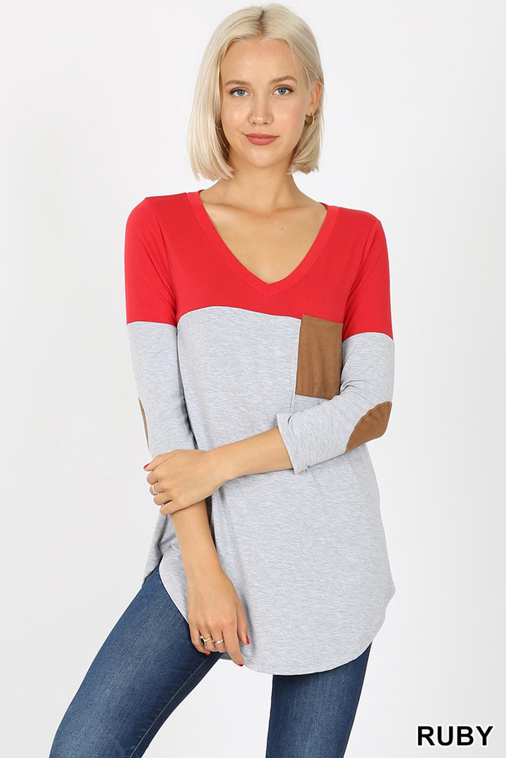 Color Block V-Neck 3/4 Sleeve Top with Front Pocket