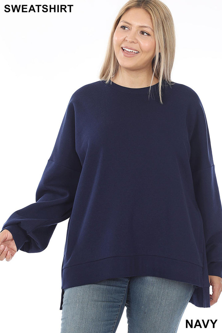 Crew Neck Hi-Low Pullover Loose Fit Sweatshirt with Side Pockets