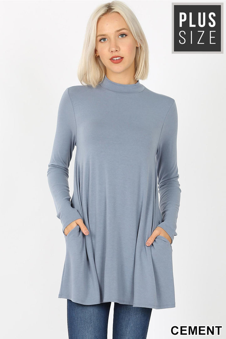 Long Sleeve Mock Neck Plus Size Top with Pockets