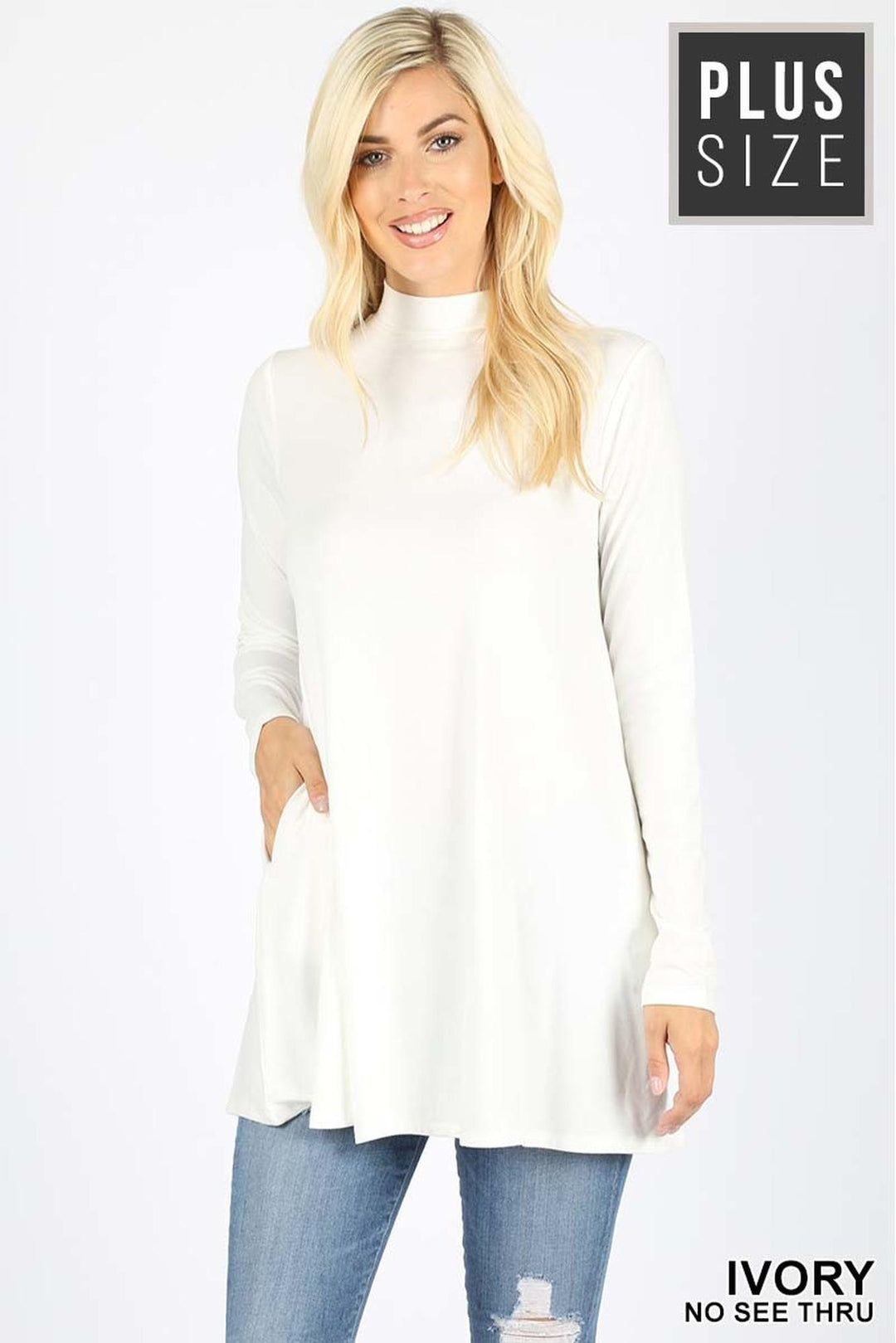 Long Sleeve Mock Neck Plus Size Top with Pockets