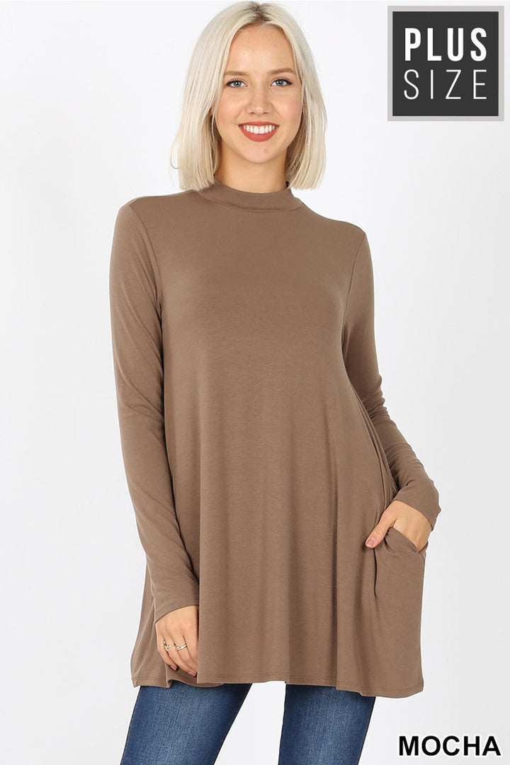Long Sleeve Mock Neck Plus Size Top with Pockets