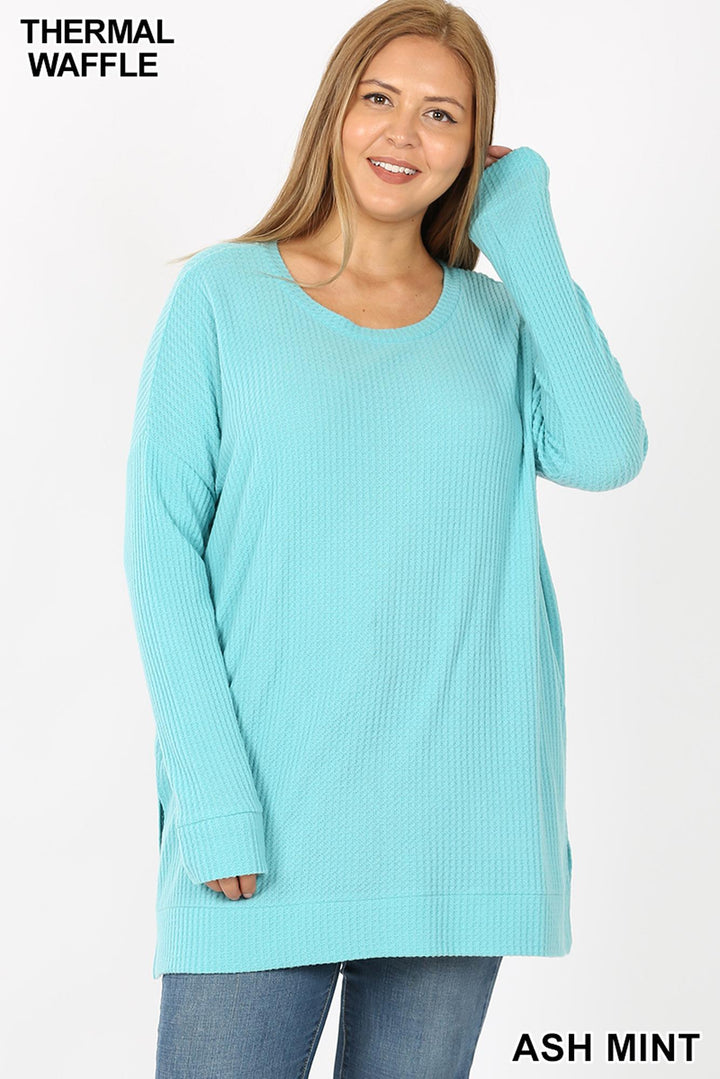 Brushed Thermal Waffle Knit Round Neck Plus Size Sweater