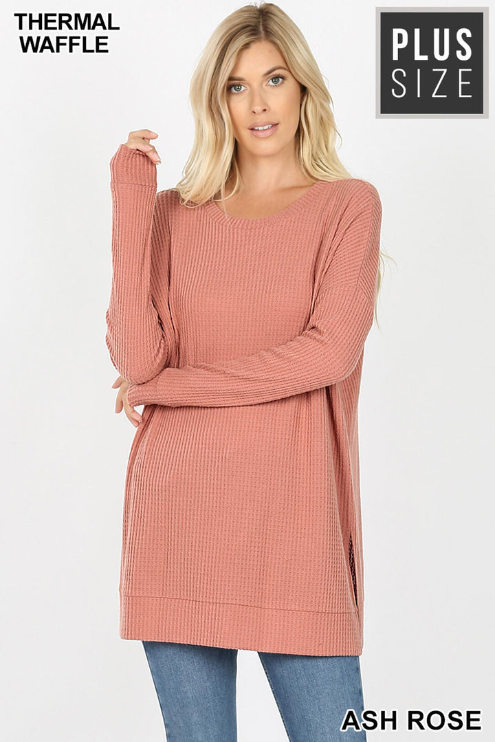 Brushed Thermal Waffle Knit Round Neck Plus Size Sweater