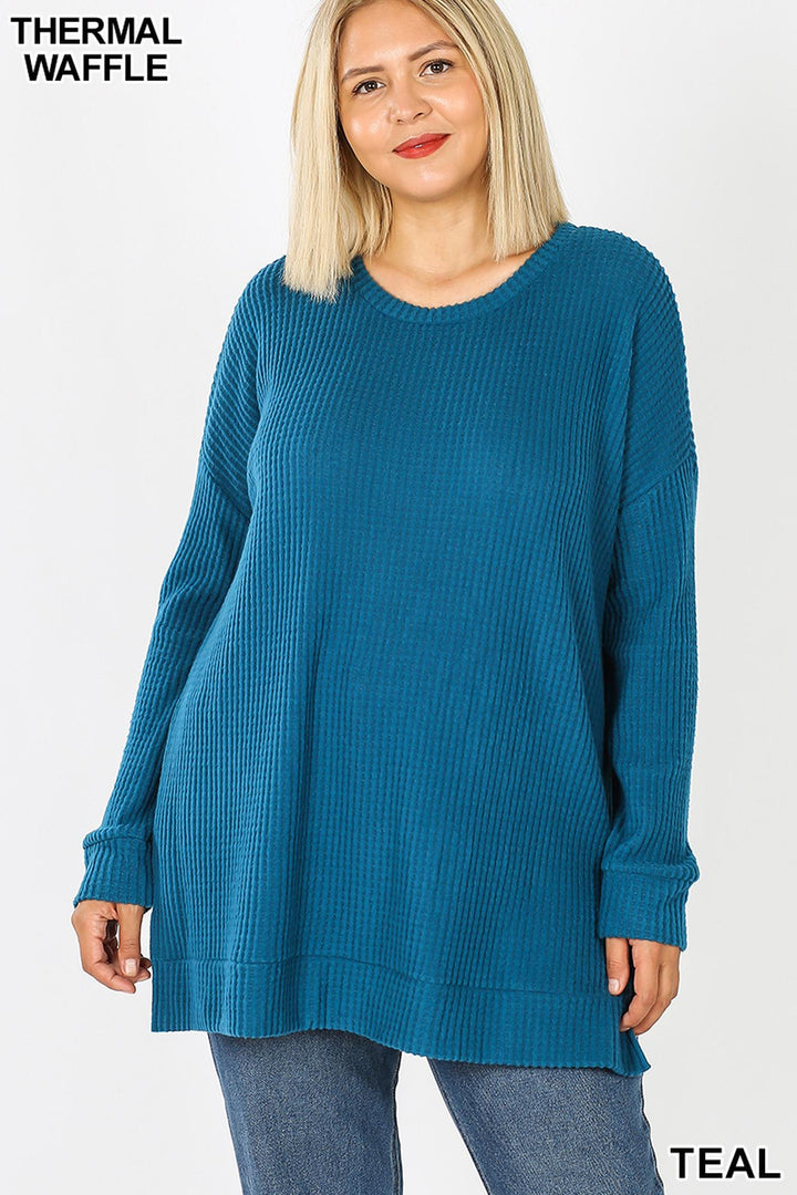 Brushed Thermal Waffle Knit Round Neck Plus Size Sweater