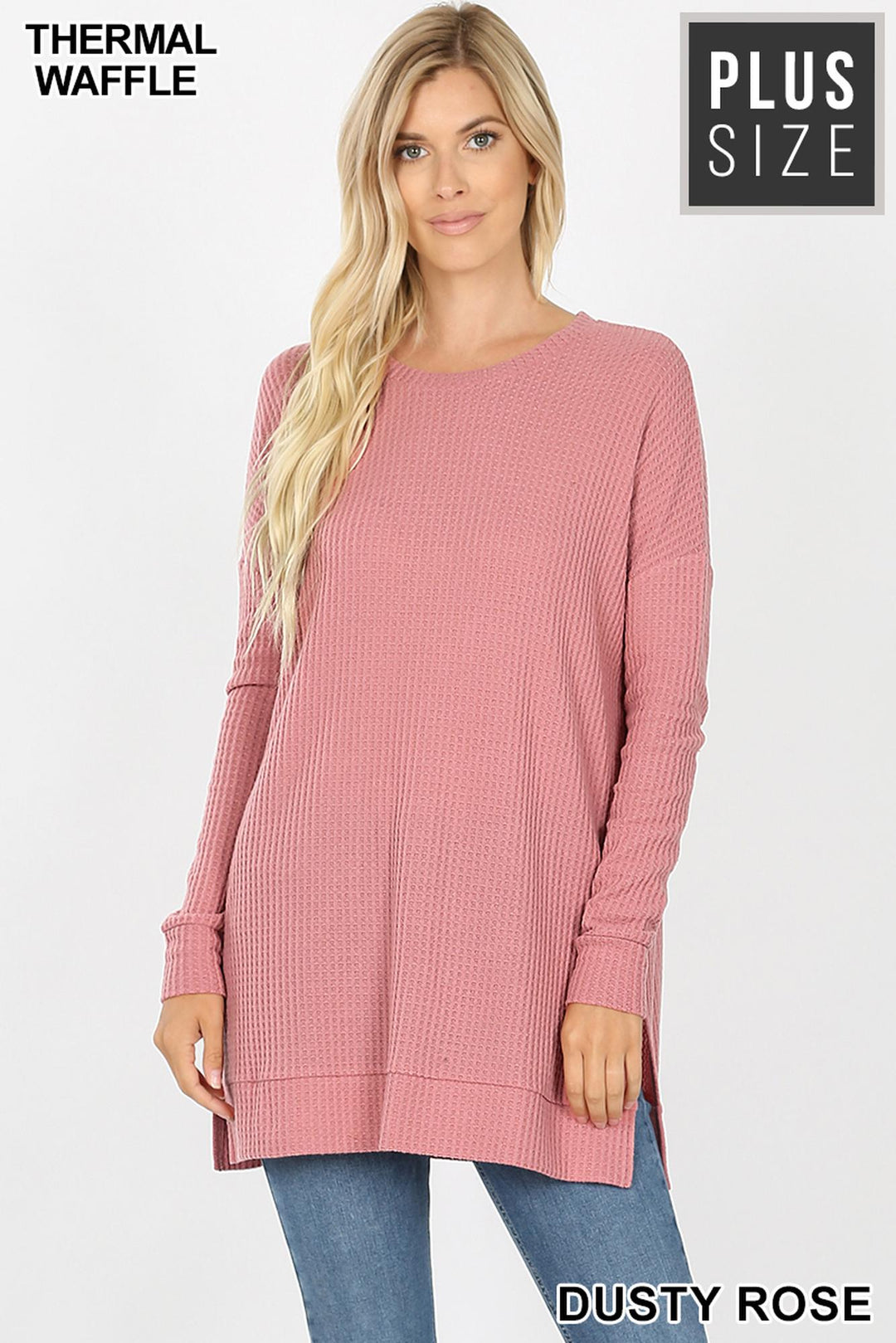 Brushed Thermal Waffle Knit Round Neck Plus Size Sweater