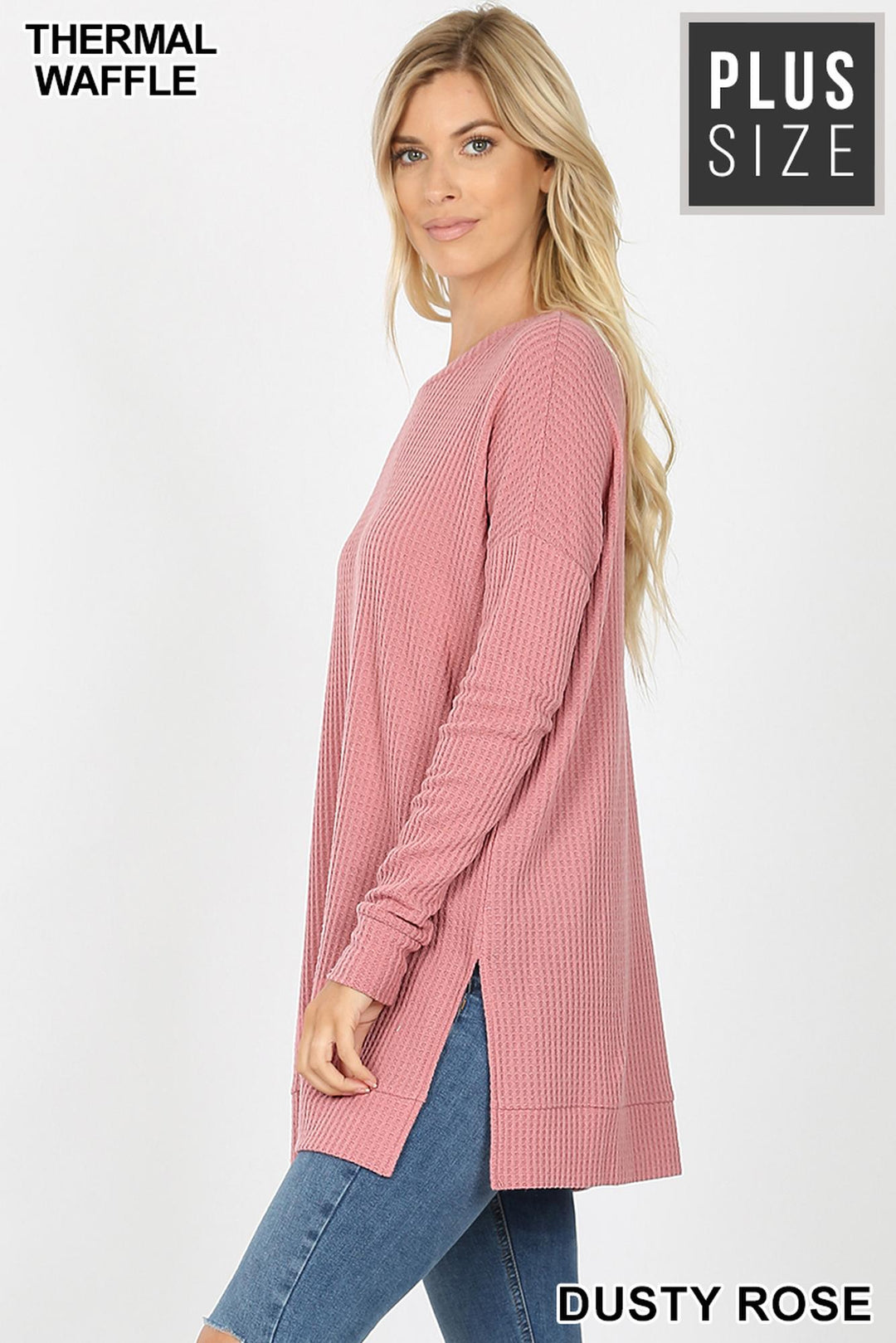 Brushed Thermal Waffle Knit Round Neck Plus Size Sweater