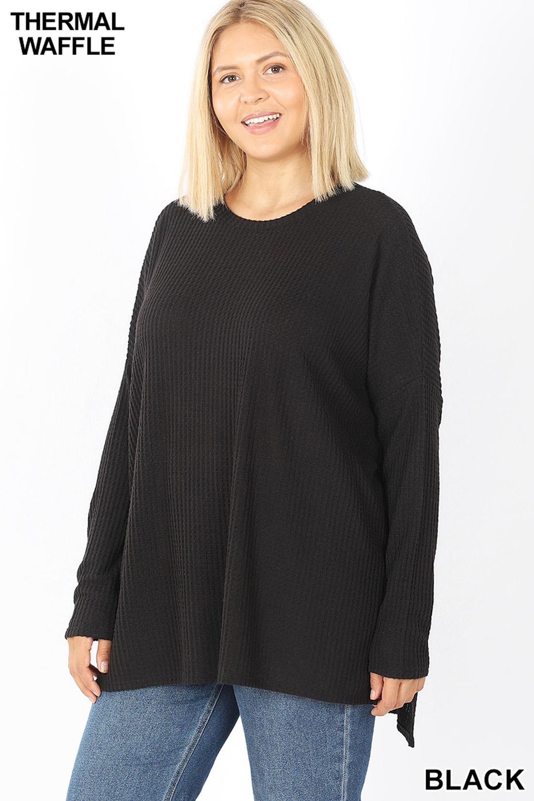 Brushed Thermal Waffle Knit Round Neck Hi-Low Plus Size Sweater