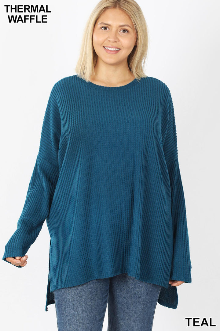 Brushed Thermal Waffle Knit Round Neck Hi-Low Plus Size Sweater