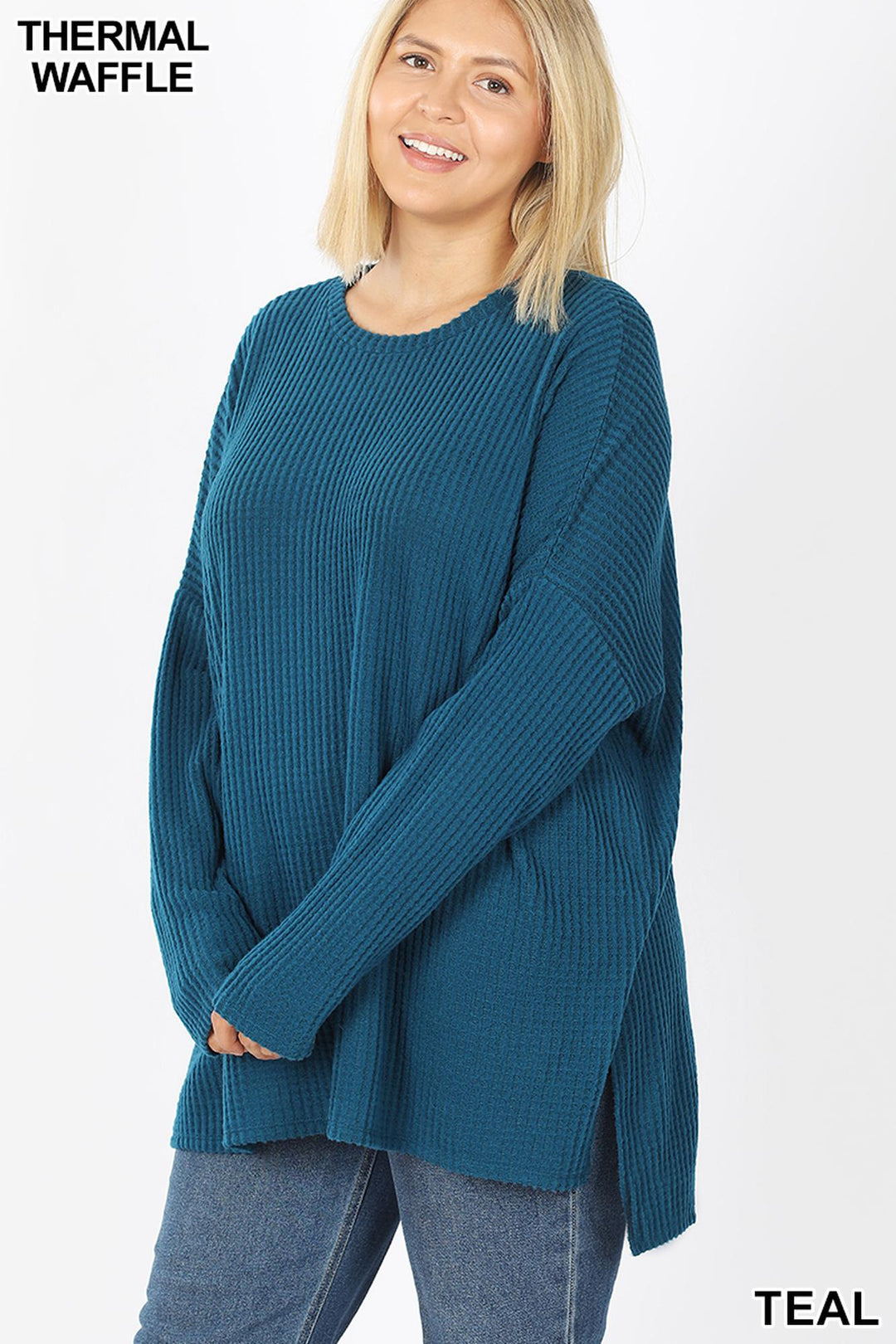 Brushed Thermal Waffle Knit Round Neck Hi-Low Plus Size Sweater