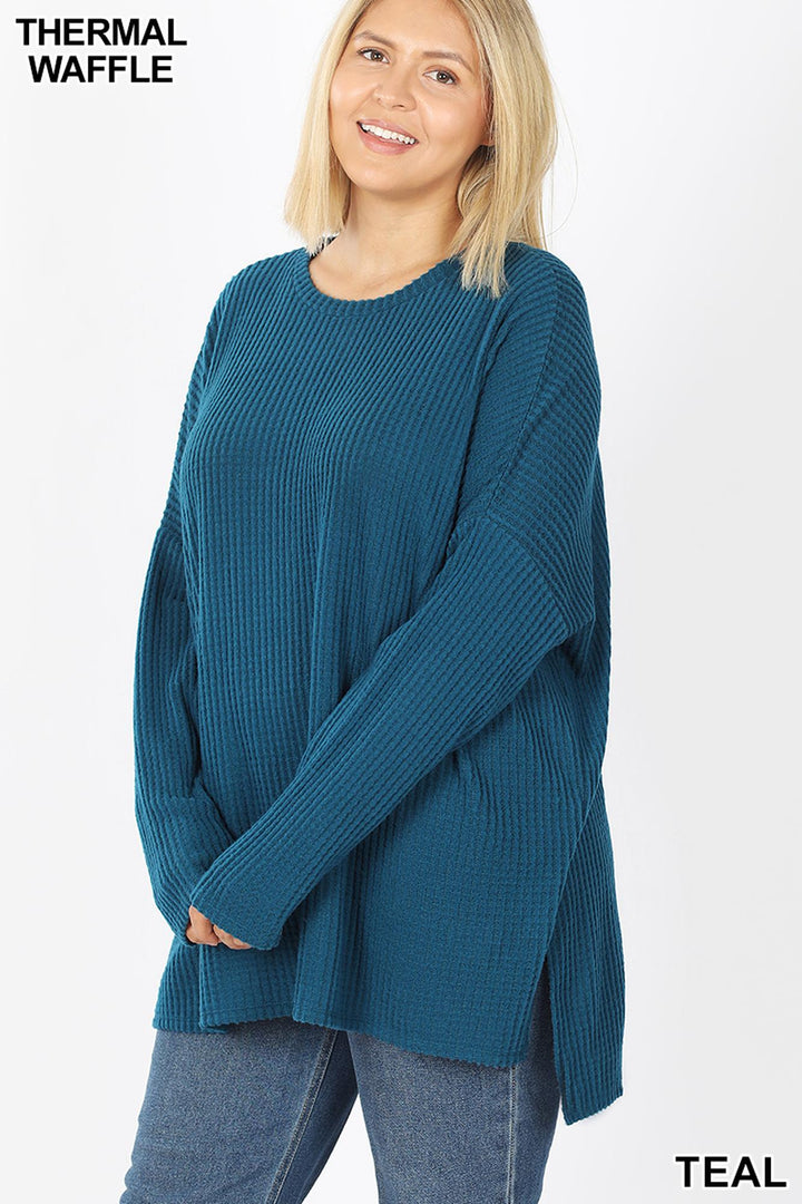 Brushed Thermal Waffle Knit Round Neck Hi-Low Plus Size Sweater