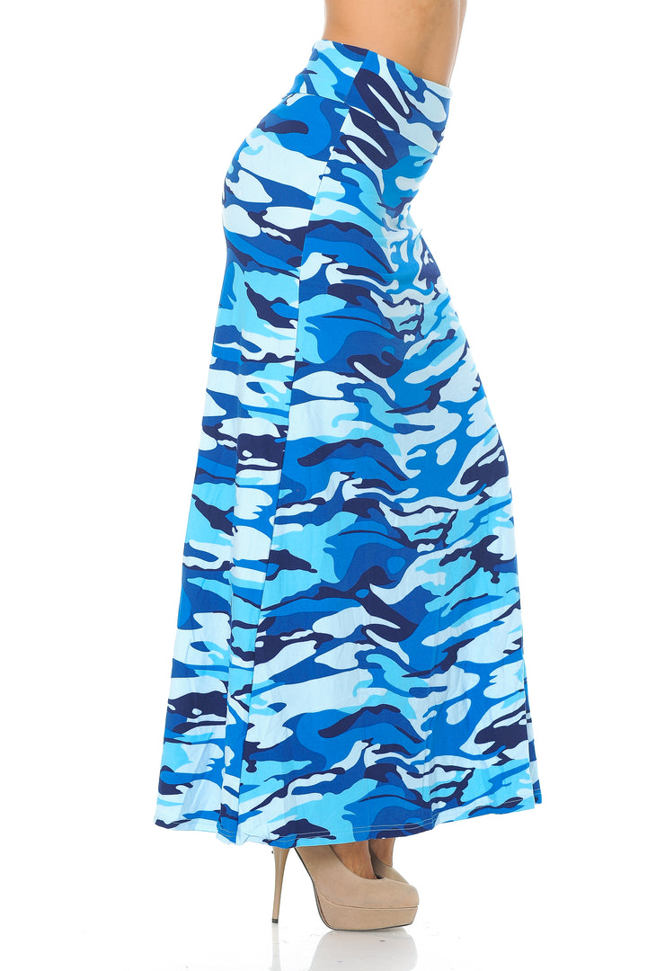 Buttery Soft Blue Camouflage Plus Size Maxi Skirt