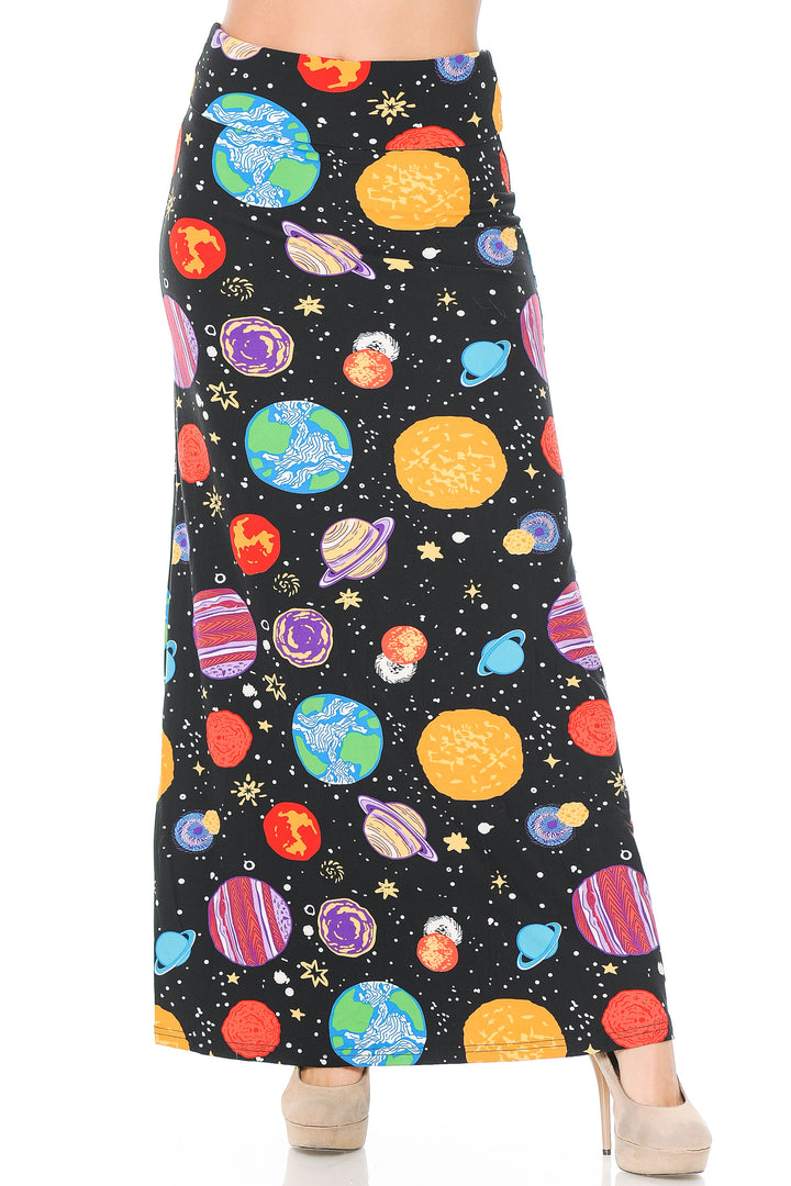Buttery Soft Planets in Space Plus Size Maxi Skirt