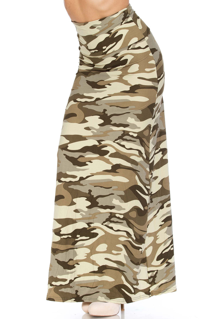 Buttery Soft Light Olive Camouflage Plus Size Maxi Skirt