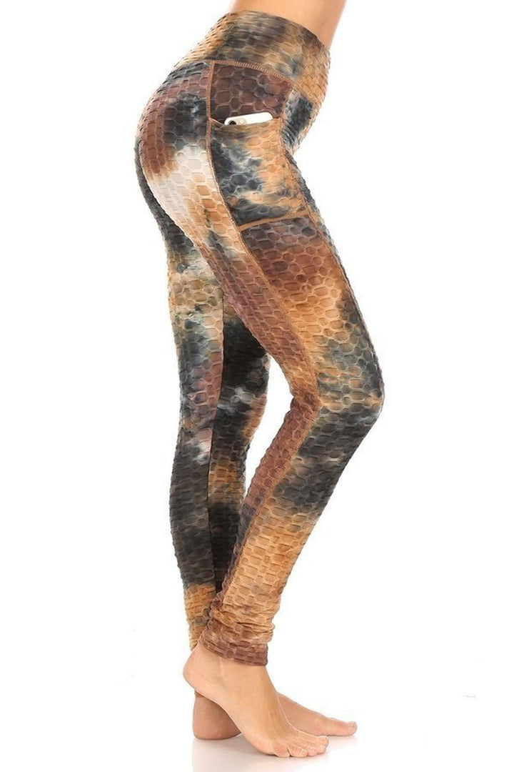 Premium Earthen Mocha Tie Dye Scrunch Butt Workout Leggings with Side Pockets