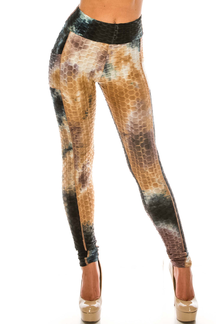 Premium Earthen Mocha Tie Dye Scrunch Butt Workout Leggings with Side Pockets